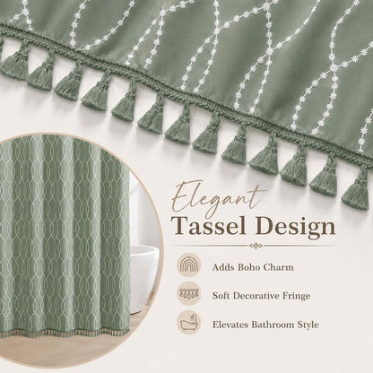 OVZME Sage Green Stall Shower Curtain for Bathroom, Puff Printed Textured Shower Curtain with Tassels, Geometry Heavy Duty Vintage Country Narrow Bathroom Curtain, Water Resistant Fabric, 36Wx72L