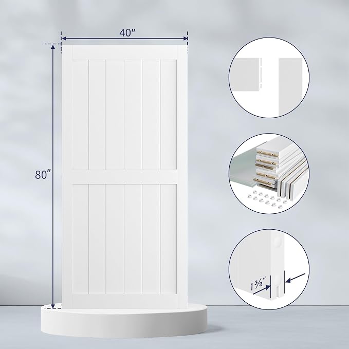 SMARTSTANDARD 40" x 80" White Sliding Barn Door with 7FT Black Hardware | Pre-Drilled Ready to Assemble, Waterproof PVC Coating, H-Frame