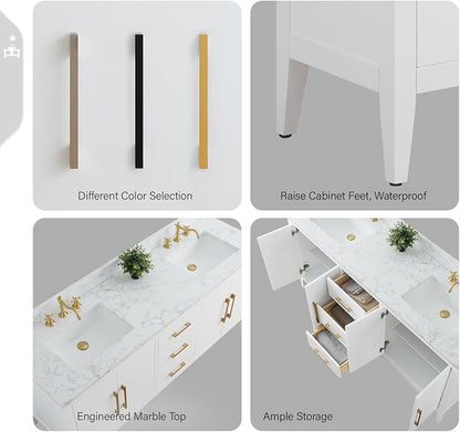 Vanity Art 72 inch Bathroom Vanity with Double Sink & Ceramic Top, Vanity Cabinet with Soft-Closing Doors, Drawers, Solid Wood Frame, White, Golden Brushed Handware