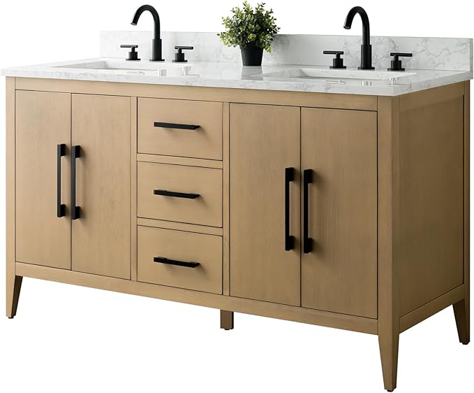 HomeBeyond 60 Inch Bathroom Vanity with Sink & Ceramic Top, Double Vanity Cabinet with Basin, Soft-Closing Doors & Matte Black Hardware, Natural Oak