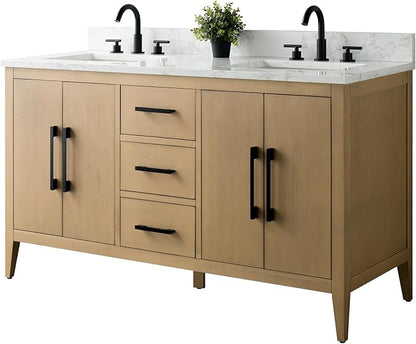 HomeBeyond 60 Inch Bathroom Vanity with Sink & Ceramic Top, Double Vanity Cabinet with Basin, Soft-Closing Doors & Matte Black Hardware, Natural Oak