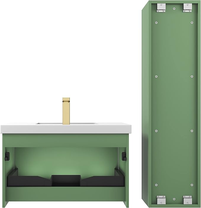 Blossom 30 Inch Bathroom Vanity with Sink and Side Cabinet, All Wood Floating Bathroom Vanity with Acrylic Sink, Bathroom Sink Cabinet with Soft-Close Drawer, Modern Style Vanities, Aventurine Green