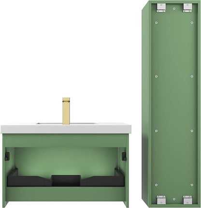 Blossom 30 Inch Bathroom Vanity with Sink and Side Cabinet, All Wood Floating Bathroom Vanity with Acrylic Sink, Bathroom Sink Cabinet with Soft-Close Drawer, Modern Style Vanities, Aventurine Green
