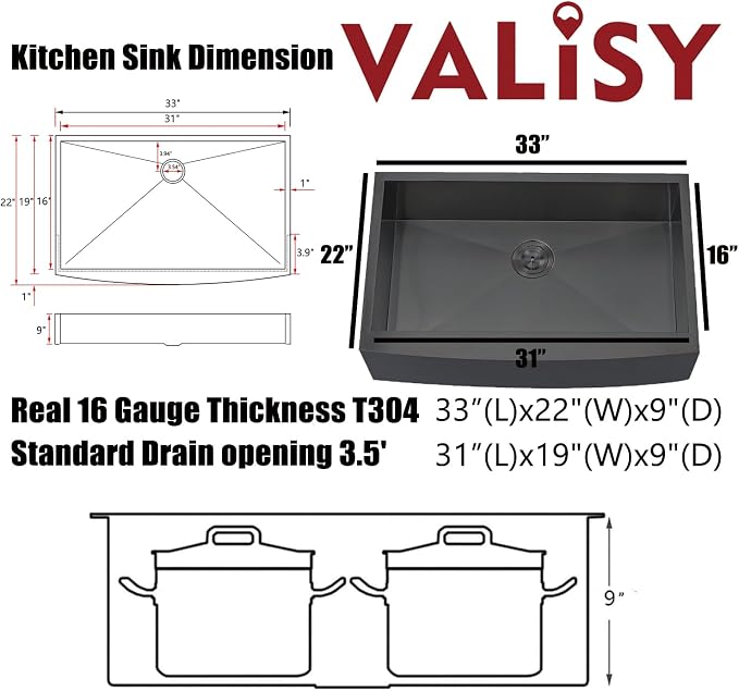 Black Farmhouse Sink 33 Inch, 33x22 Apron Front Farmhouse Kitchen Sink, 16 Gauge Stainless Steel Undermount Deep Single Bowl Luxury Rustic Farm Sinks with Dish Grid and Drainer