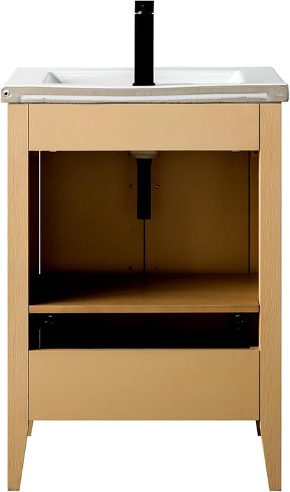 Vanity Art 24 inch Bathroom Vanity with Single Sink & Ceramic Top, Vanity Cabinet with Soft-Closing Doors, Solid Wood Frame, Natural Oak, VA9024-NO-BN1