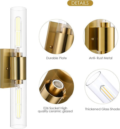 21" Brushed Gold Bathroom Light Fixtures Over Mirror,2-Light Gold Vanity Lights,Hardwired Vanity Lighting Fixtures Bathroom Lighting Fixtures Over Mirror for Bath Room E26 T10 Bulbs(Excluded)