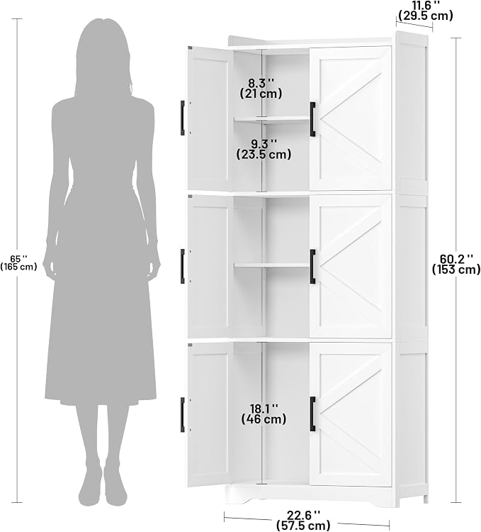 Akxomel Tall Bathroom Floor Cabinet with 6 Barn Door 60.2''H Pantry White | 11.6''D x 22.6''W Linen Storage Cabinet with Adjustable Shelves, for Kitchen, Living Room, Entryway