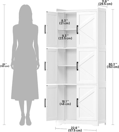 Akxomel Tall Bathroom Floor Cabinet with 6 Barn Door 60.2''H Pantry White | 11.6''D x 22.6''W Linen Storage Cabinet with Adjustable Shelves, for Kitchen, Living Room, Entryway