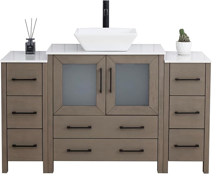 Vanity Art 54 Inch Vessel Single Sink Bathroom Vanity Cabinet with 1 Mirror, Engineered Marble Top Bathroom Cabinet Compact Set with 8 Dovetail Drawers and Soft Closing Doors, VA3130-54DG