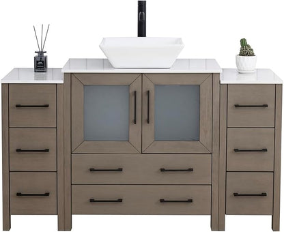Vanity Art 54 Inch Vessel Single Sink Bathroom Vanity Cabinet with 1 Mirror, Engineered Marble Top Bathroom Cabinet Compact Set with 8 Dovetail Drawers and Soft Closing Doors, VA3130-54DG