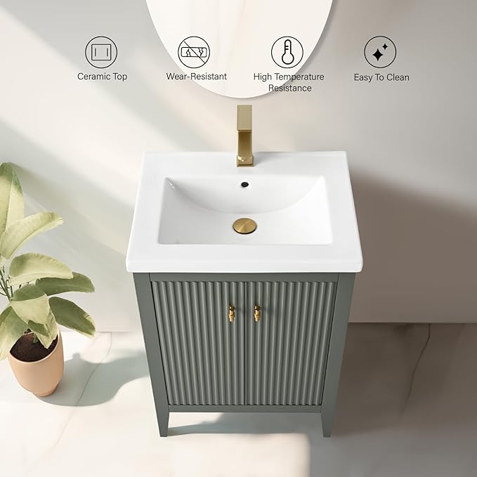 Vanity Art 24 inch Bathroom Vanity with Single Sink & Ceramic Top, Vanity Cabinet with Soft-Closing Door, Solid Wood Frame, Linear Pattern, Vintage Green, VA9124-VG-MB,Matte Black Handles