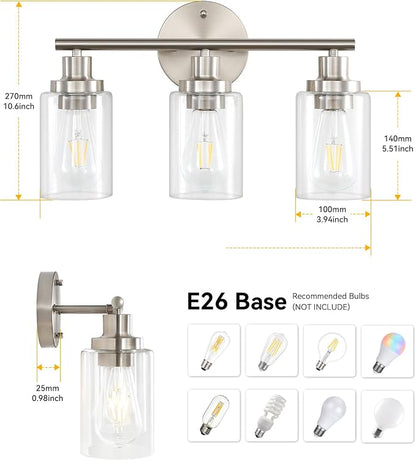 Vanity Wall Light Fixtures, Modern 3 Lights Wall Sconce with Clear Glass Shade, Brushed Nickel Farmhouse Wall Lamp for Bathroom Mirror Kitchen Porch Living Room Workshop (E26 Base) | Modern Wall Sconce with Clear Glass Shade, Brushed Nickel Farmhouse W...