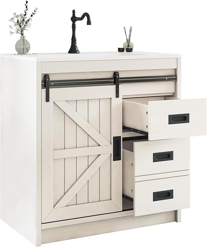 31" Farmhouse Sliding Barn Door Bathroom Vanity with Sink Combo, Bathroom Vanity Cabinet with Drawers & Metal Handles, Freestanding, Distressed White