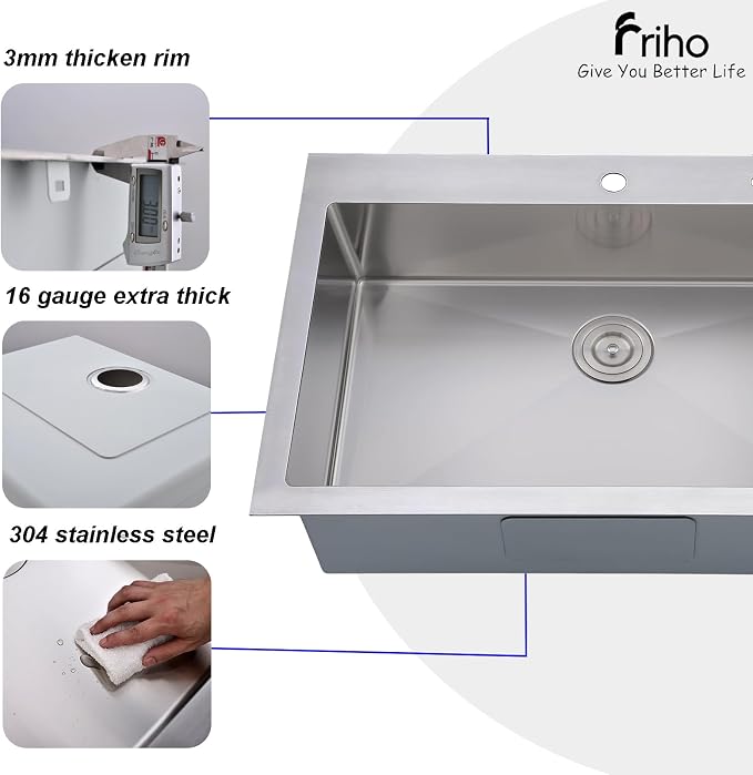 Friho 33x22 Inch Drop In Kitchen Sink, Top Mount Silver SUS304 Stainless Steel Single Bowl, 18 Gauge Handmade Sink with Basket Strainer