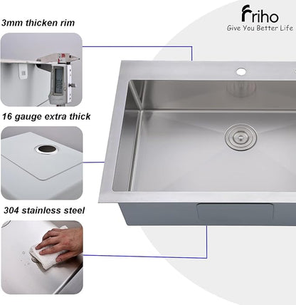 Friho 33x22 Inch Drop In Kitchen Sink, Top Mount Silver SUS304 Stainless Steel Single Bowl, 18 Gauge Handmade Sink with Basket Strainer