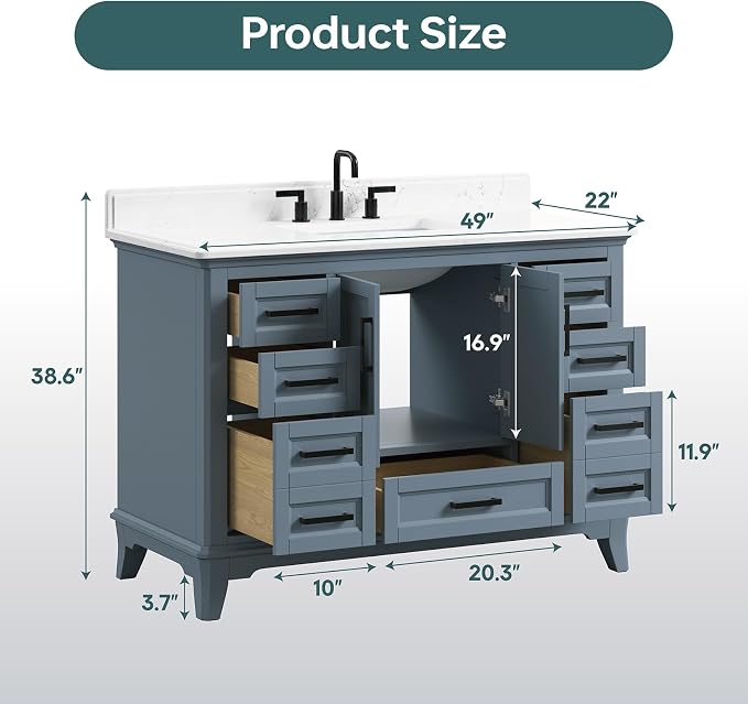 48" Bathroom Vanity with Sink, Fully Assembled, Steel Blue | Solid Wood Bathroom Vanities Set with Quartz Countertop, 2 Soft Close Doors & 7 Full Extension Dovetail Drawers