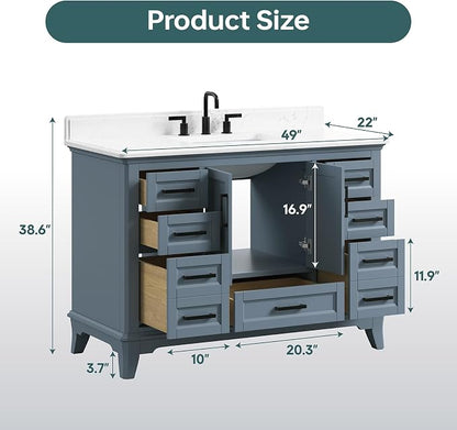 48" Bathroom Vanity with Sink, Fully Assembled, Steel Blue | Solid Wood Bathroom Vanities Set with Quartz Countertop, 2 Soft Close Doors & 7 Full Extension Dovetail Drawers