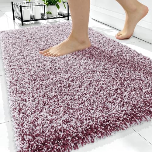 OLANLY Microfiber Bathroom Rugs 34x21, Quick Dry Mat, Burgundy and White