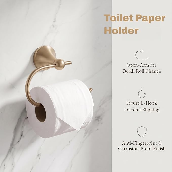 4 Piece Gold Bathroom Hardware Set - Brushed Gold Bathroom Accessories, 23.6 Inch Towel Bar | Towel Hook | Toilet Paper Holder | Hand Towel Holder (Champagne Bronze)