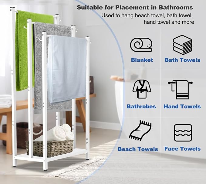 44 Inch Tall Free Standing Towel Rack, White | 3 Tiers Heavy Duty Blanket Drying Stand Holder with Metal Storage Shelf & 6 Hooks for Bathroom, Pool, Bedroom, Living Room