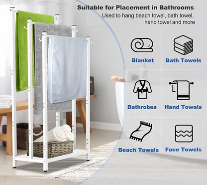 44 Inch Tall Free Standing Towel Rack, White | 3 Tiers Heavy Duty Blanket Drying Stand Holder with Metal Storage Shelf & 6 Hooks for Bathroom, Pool, Bedroom, Living Room