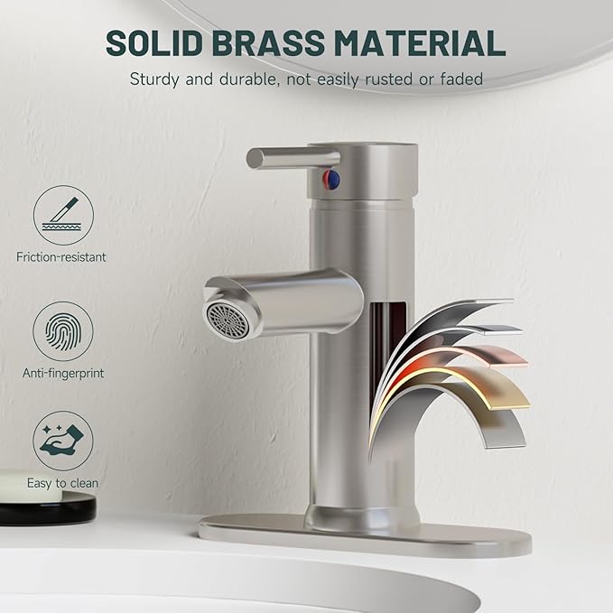 Brushed Nickel Bathroom Faucets, Greenspring Single Handle One Hole Bathroom Sink Faucet, Water Saving Lavatory Vanity Sink Faucet with Cover Plate Commercial Mixer Tap Supply Line, Brass
