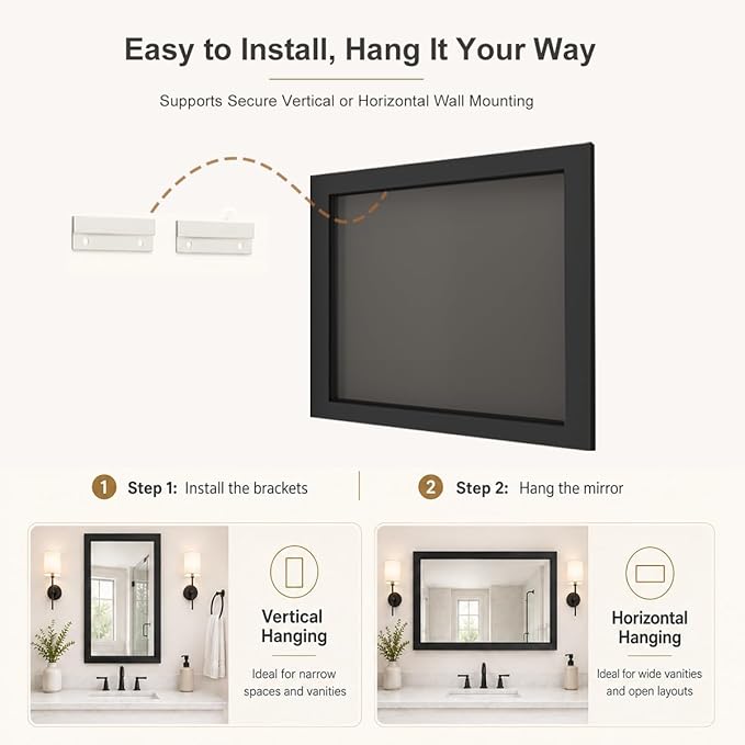 SMIROR 24x28 Matte Black Bathroom Vanity Mirror for Over Sink | Metal Wide Frame, Rectangle, Right- Angle Corner, Anti-Rust, Horizontally or Vertically Wall- Mounted for Home Remodel