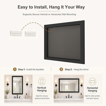 SMIROR 24x28 Matte Black Bathroom Vanity Mirror for Over Sink | Metal Wide Frame, Rectangle, Right- Angle Corner, Anti-Rust, Horizontally or Vertically Wall- Mounted for Home Remodel