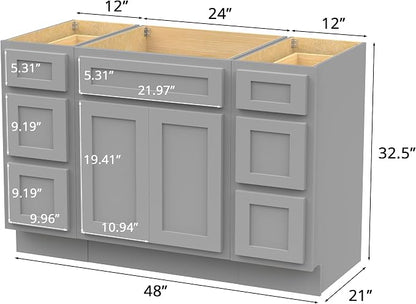 48 Inch Bathroom Vanity Base Only, Single Vanity Cabinet with 5 Dove-Tailed Drawers, Soft-Closing Doors, Gray, Without Top,Small