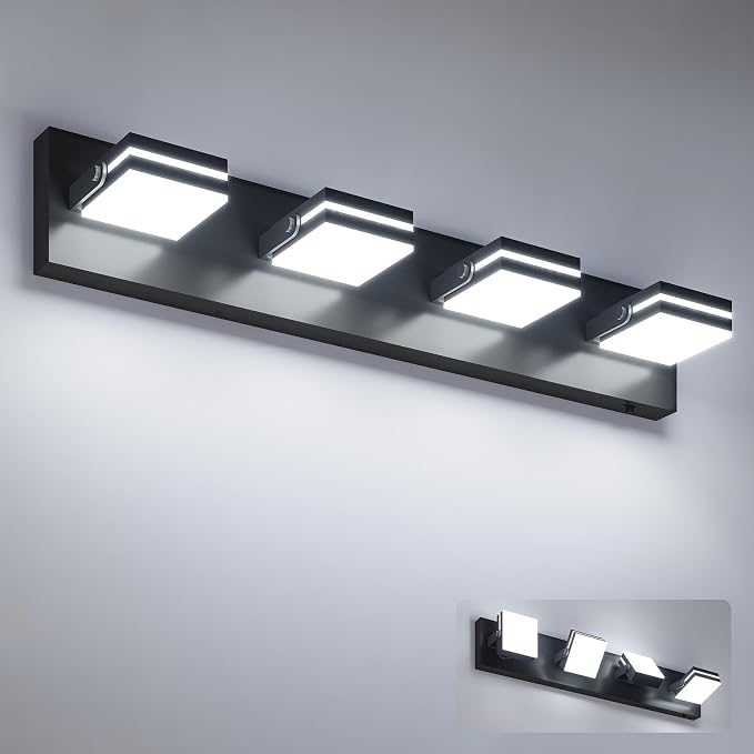 VOLISUN 4 Light Bathroom Vanity Light, 27.16 inch Dimmable Bathroom Light Fixtures Over Mirror, 5 Color Temperatures, 180°Rotatable Head, Black LED Vanity Lights for Bathrooms-ETL Certificated