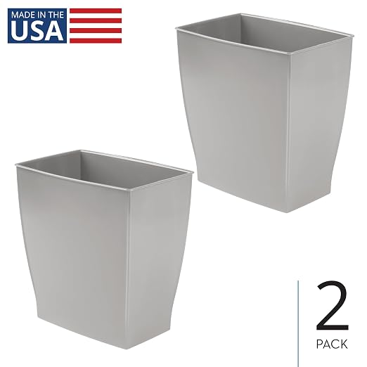 iDesign Small Plastic Bathroom Trash Can, Slim Rectangle, 2-Pack, Gray | Bedroom, Office, Dorm