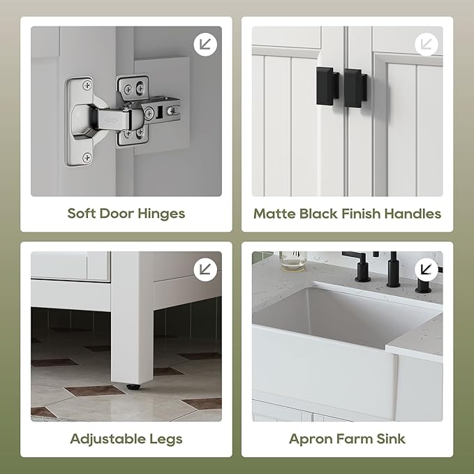 36 Inch Bathroom Vanity with Sink, Farmhouse Single Sink Bathroom Vanity with Adjustable Feet, Bathroom Storage Cabinet with Soft Closing Doors, Apron Farm Sink, White