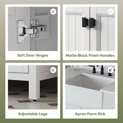 36 Inch Bathroom Vanity with Sink, Farmhouse Single Sink Bathroom Vanity with Adjustable Feet, Bathroom Storage Cabinet with Soft Closing Doors, Apron Farm Sink, White