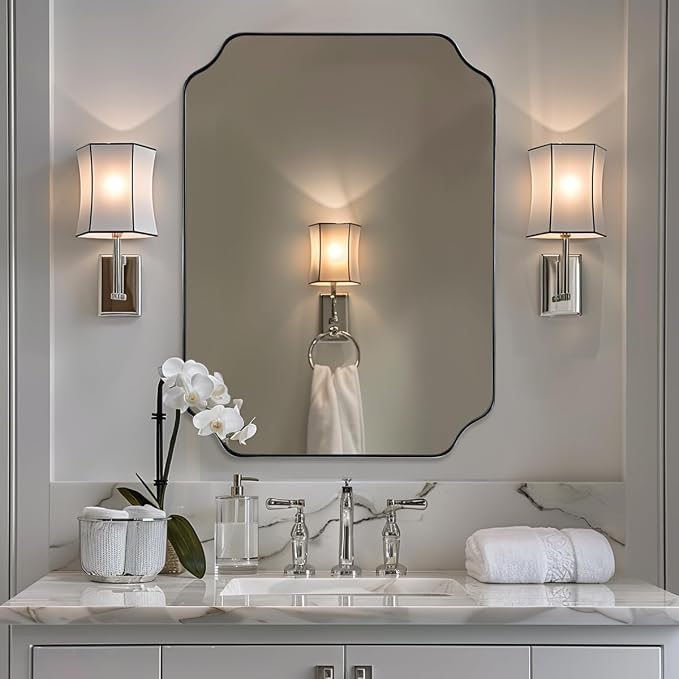 Chrome Bathroom Mirror, 24x32 Inch Polished Chrome Rectangle Mirror, Scalloped Bathroom Mirror with Stainless Steel Metal Frame, Thin Frame Deep 1’’