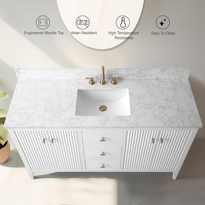 Vanity Art 60 inch Bathroom Vanity with Single Sink & Ceramic Top, Vanity Cabinet with Soft-Closing Door, Solid Wood Frame, Linear Pattern, White, VA9160-SW-MB,Matte Black Handles