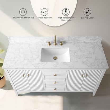 Vanity Art 60 inch Bathroom Vanity with Single Sink & Ceramic Top, Vanity Cabinet with Soft-Closing Door, Solid Wood Frame, Linear Pattern, White, VA9160-SW-MB,Matte Black Handles