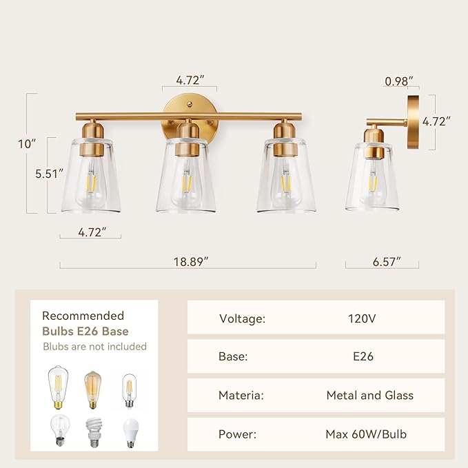 TALOYA 19 Inch Brushed Gold Bathroom Light Fixtures with Thickend Clear Tapered Glass Shade, 3-Light Modern Vanity Light Over Mirror for Bathrooms, Bedrooms (Bulbs Not Included)