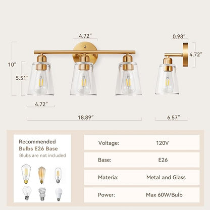 TALOYA 19 Inch Brushed Gold Bathroom Light Fixtures with Thickend Clear Tapered Glass Shade, 3-Light Modern Vanity Light Over Mirror for Bathrooms, Bedrooms (Bulbs Not Included)