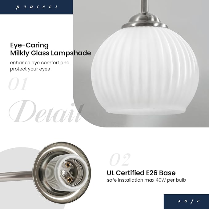 RUIYEY Bathroom Vanity Light Fixtures: 2-Lights Vanity Lighting Fixtures with Frosted Milky Glass Shades, Hardwired 15.9 in Brushed Nickel Vanity Lights Over Mirror (Exclude E26 Bulb)