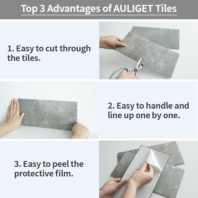 AULIGET 20-Piece Mountain Rock Peel and Stick Backsplash Wall Tiles, 6" x 12" PVC Faux Stone Stick on Tiles for Backsplash Kitchen, Bathroom, Laundry Room, Camper, Fireplace