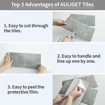 AULIGET 20-Piece Mountain Rock Peel and Stick Backsplash Wall Tiles, 6" x 12" PVC Faux Stone Stick on Tiles for Backsplash Kitchen, Bathroom, Laundry Room, Camper, Fireplace