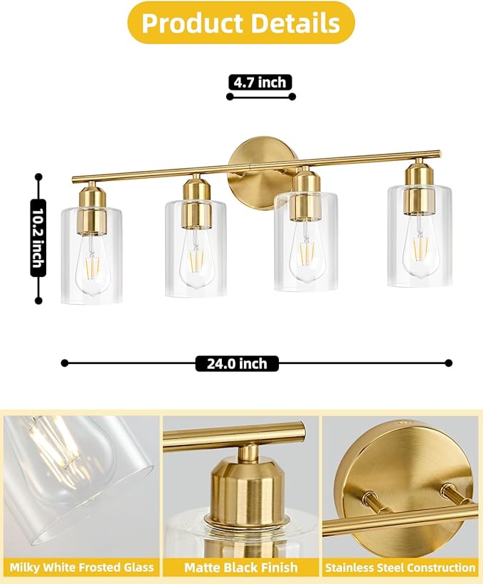 4-Light Bathroom Light Fixtures, Gold Bathroom Vanity Lights, Bathroom Lighting Fixtures Over Mirror with Clear Glass Shade, Wall Sconce Light for Bedroom, Living Room and Hallway