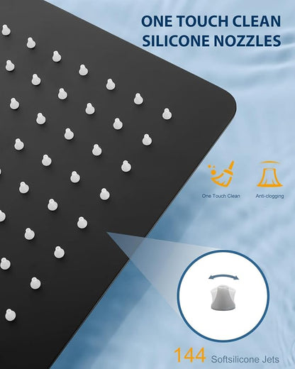 All Metal Matte Black Rainfall Shower Head with Extension Arm, 12" Large Rain Square Showerhead with 16" Long Shower Arm Stainless Steel, 144 Silicone Nozzles Waterfall Full Body Coverage
