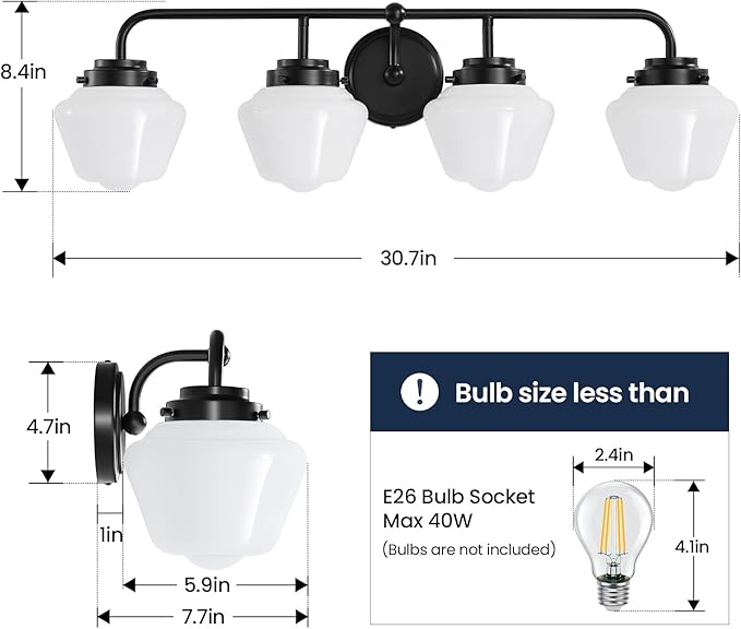 Bathroom Vanity Light Fixtures: 4-Light Matte Black Bathroom Lighting Fixtures Over Mirrors, Farmhouse Rustic Wall Sconce with Milky White Glass for Bath Living Room Cabinet