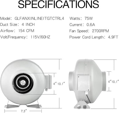 iPower 4 Inch 154 CFM Inline Ventilation Fan with Variable Speed Controller and 4” Air Carbon Filter 8 Feet Ducting, Combo Set for Grow Tent