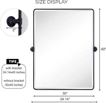 TEHOME Pivot Mirror Matt Black Tilt Vanity Mirror Large Black Metal Framed Rectangle Tilting Beveled Vanity Mirrors for Wall, Vertical Hanging, Overall 34.14 x 40 inches (Mirrror 30 x 40 inches)