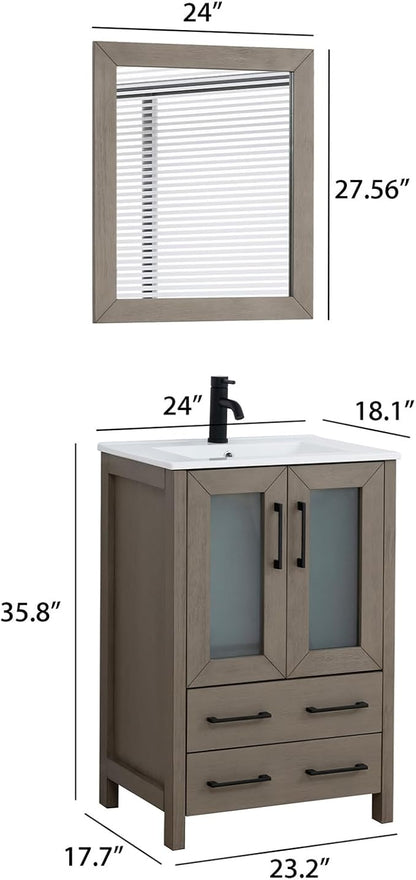 HOMEBEYOND 24 Inch Modern Bathroom Vanity with Sink & Mirror, Single Vanity Cabinet with Basin and Mirror, Dove-Tailed Drawers, Soft-Closing Doors, Wood, Driftwood Gray