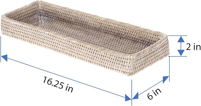 KOUBOO Rattan Vanity Tray Perfume Makeup Bathroom Organizer White Wash | Handwoven natural texture, slim rectangular profile, lightweight design, keeps countertop essentials neatly arranged