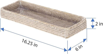 KOUBOO Rattan Vanity Tray Perfume Makeup Bathroom Organizer White Wash | Handwoven natural texture, slim rectangular profile, lightweight design, keeps countertop essentials neatly arranged