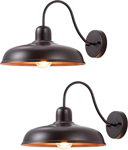 EDISHINE 12" Farmhouse Gooseneck Barn Light, 2 Pack Outdoor Wall Light | Brown, E26 Socket, Hardwired, Wall Mount Lantern for Porch, Entryway, Garage, Garden, Patio